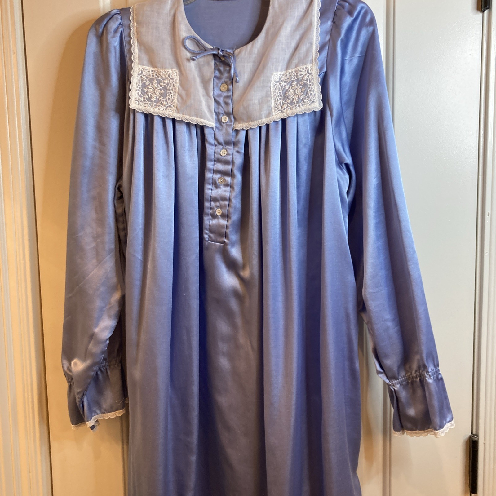 Vintage Brandywine Blue Satin Long Nightgown & Matching Robe Lace Retro MCM M/L