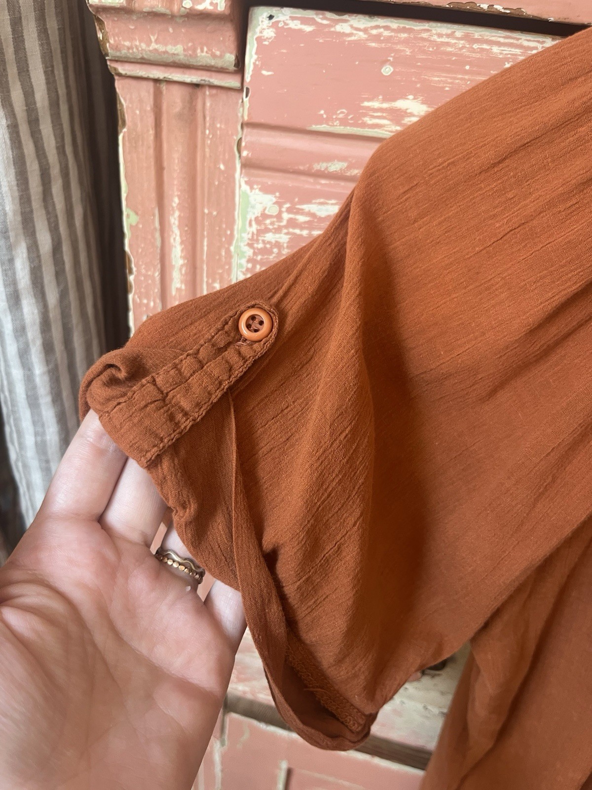 Vintage 70s India Cotton Gauze Embroidered Puff Sleeve Orange Rust Tunic Blouse