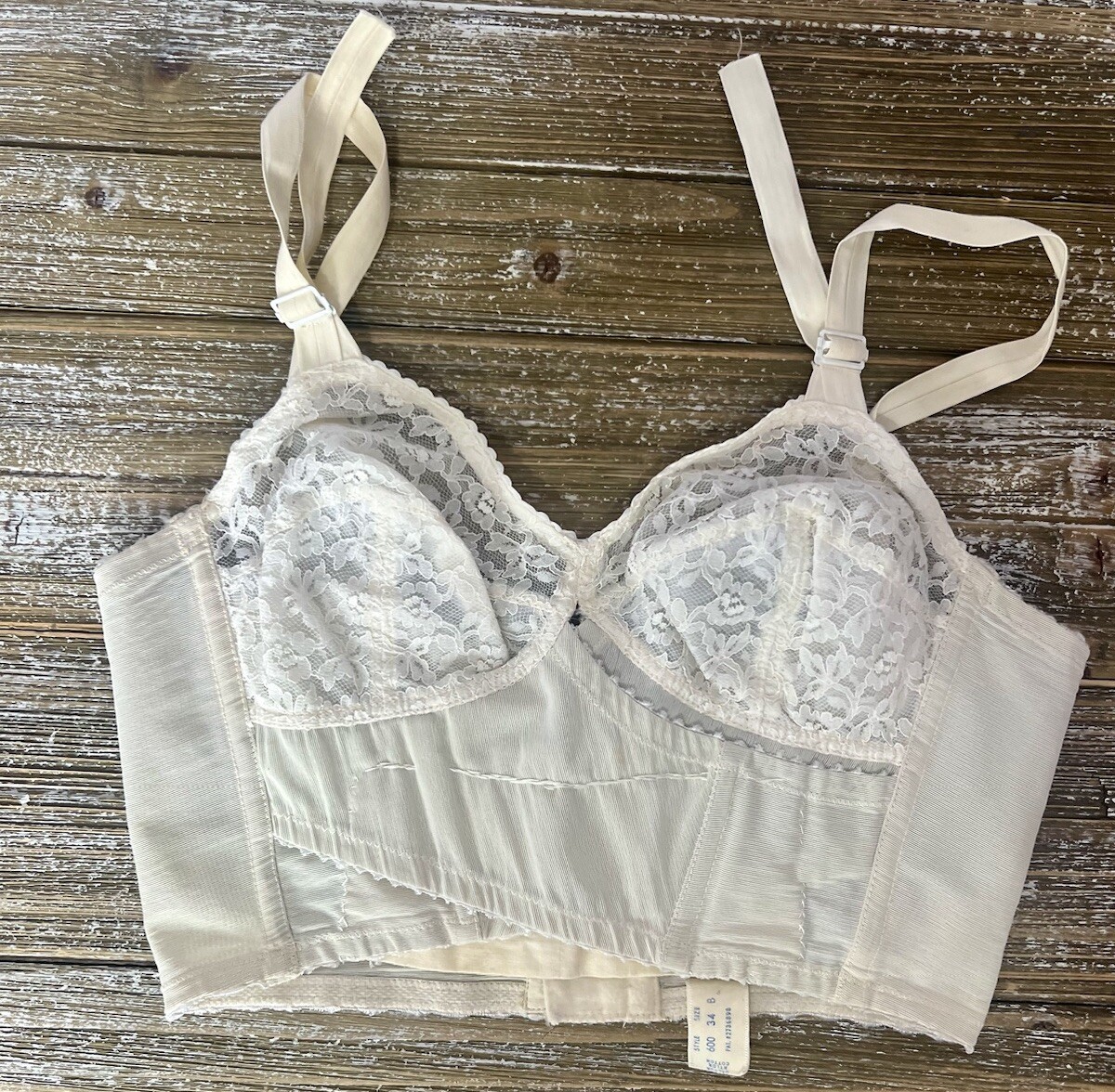 Vintage Bra Sarong Inc Bustier Back 34 B White Lace Intimates 1960s Or 1970s