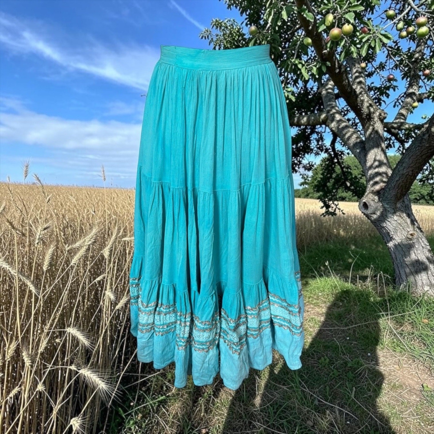 1950s Turquoise Patio Skirt Full Sweep Silver Rickrack Western Fiesta