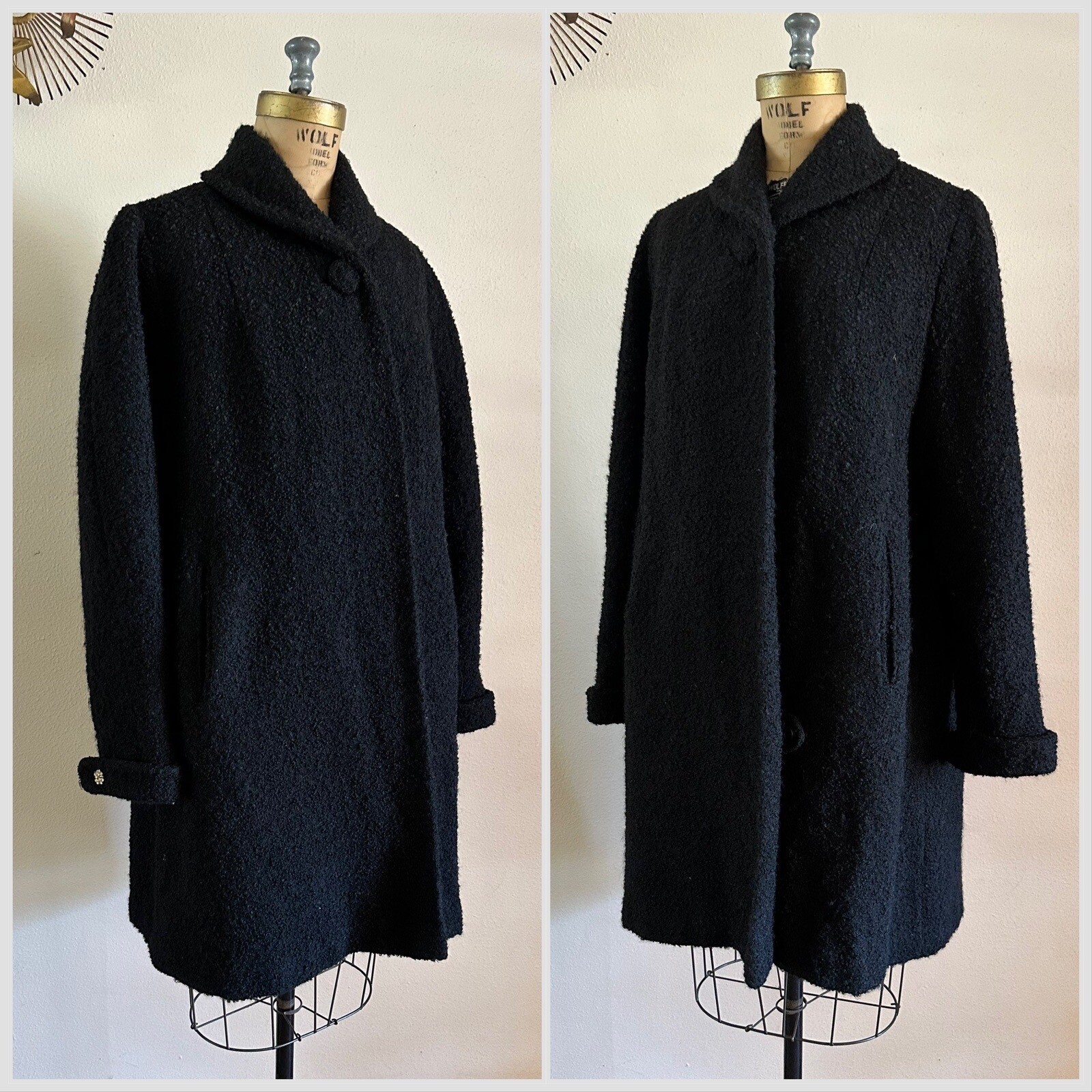 1940s Boucle Wool Swing Coat Holiday Shawl Collar Jacket Rhinestone Cuff 50s VTG