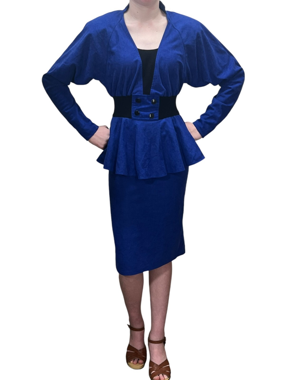 XS~S Vtg 80s Sz 3/4 Blue Velour Dress Peplum Pencil Skirt Dolman Sleeve T Junior