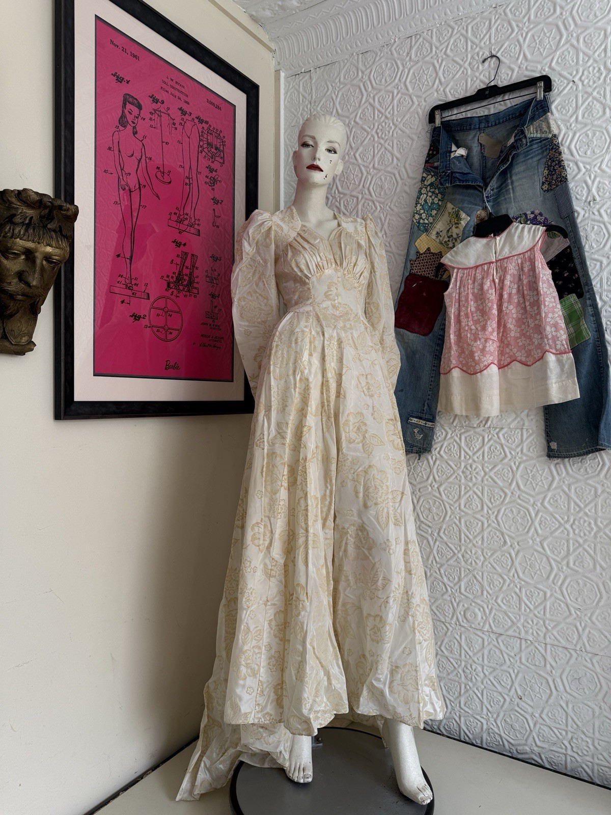 Vintage 1930s wedding gown puff sleeve flocked floral ivory dress-antique bridal