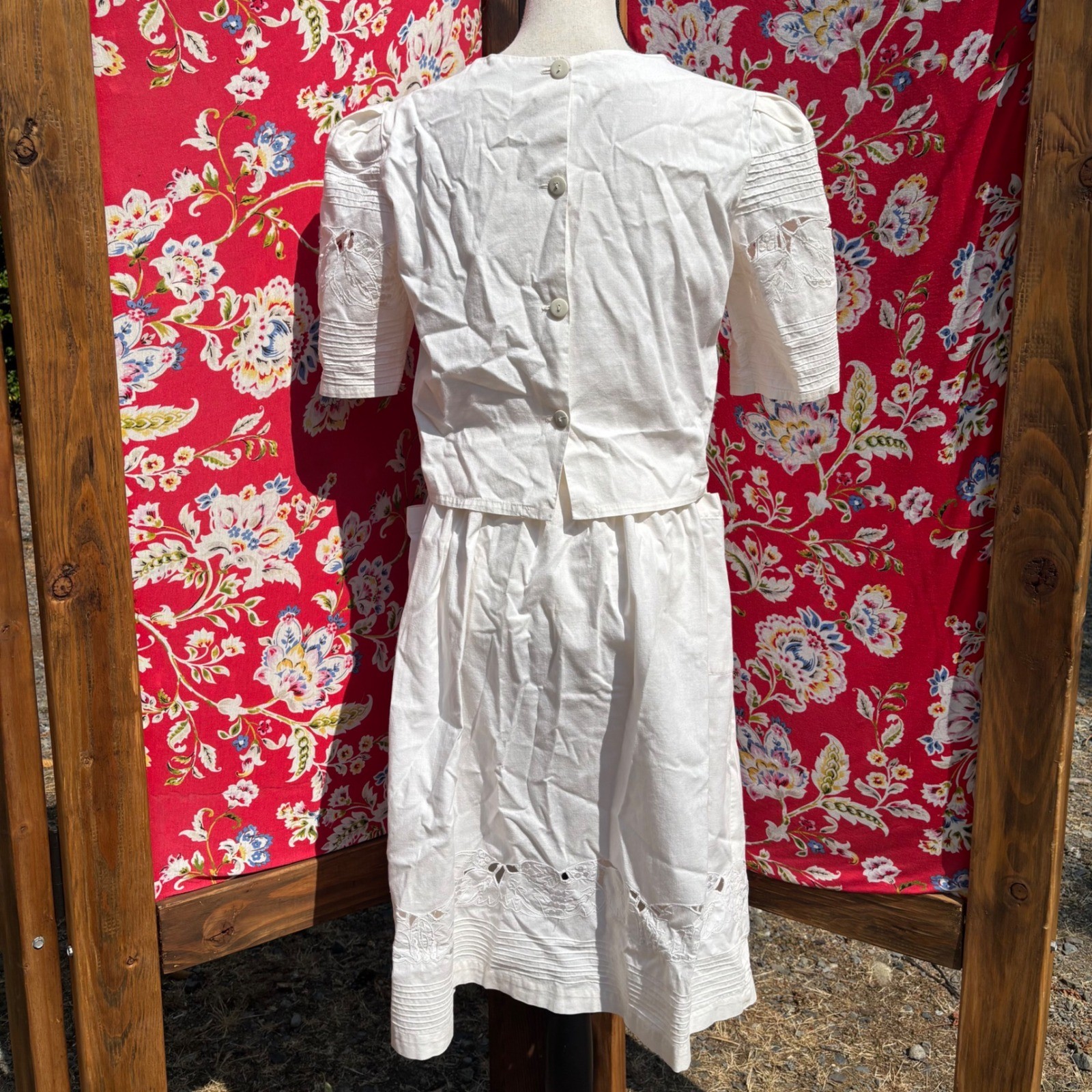 Vintage 2 Piece Ivory Whimsy Coastal Cowgirl Prairie Skirt+Blouse Set Size S-M
