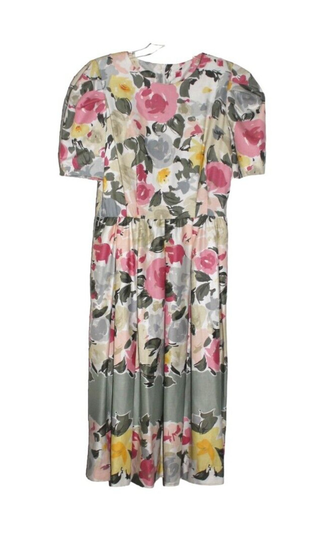 Vtg Nieman Marcus Dress Floral Pleated Skirt Puff Sleeves See Measurements
