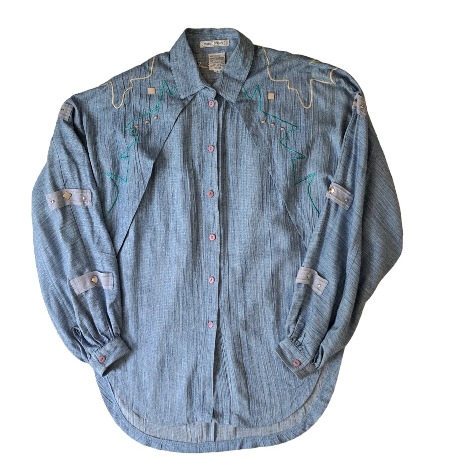 Vtg 80s Marc D’Alcy Western Shirt Sz 6 Studded Embroidered Dolman Sleeve