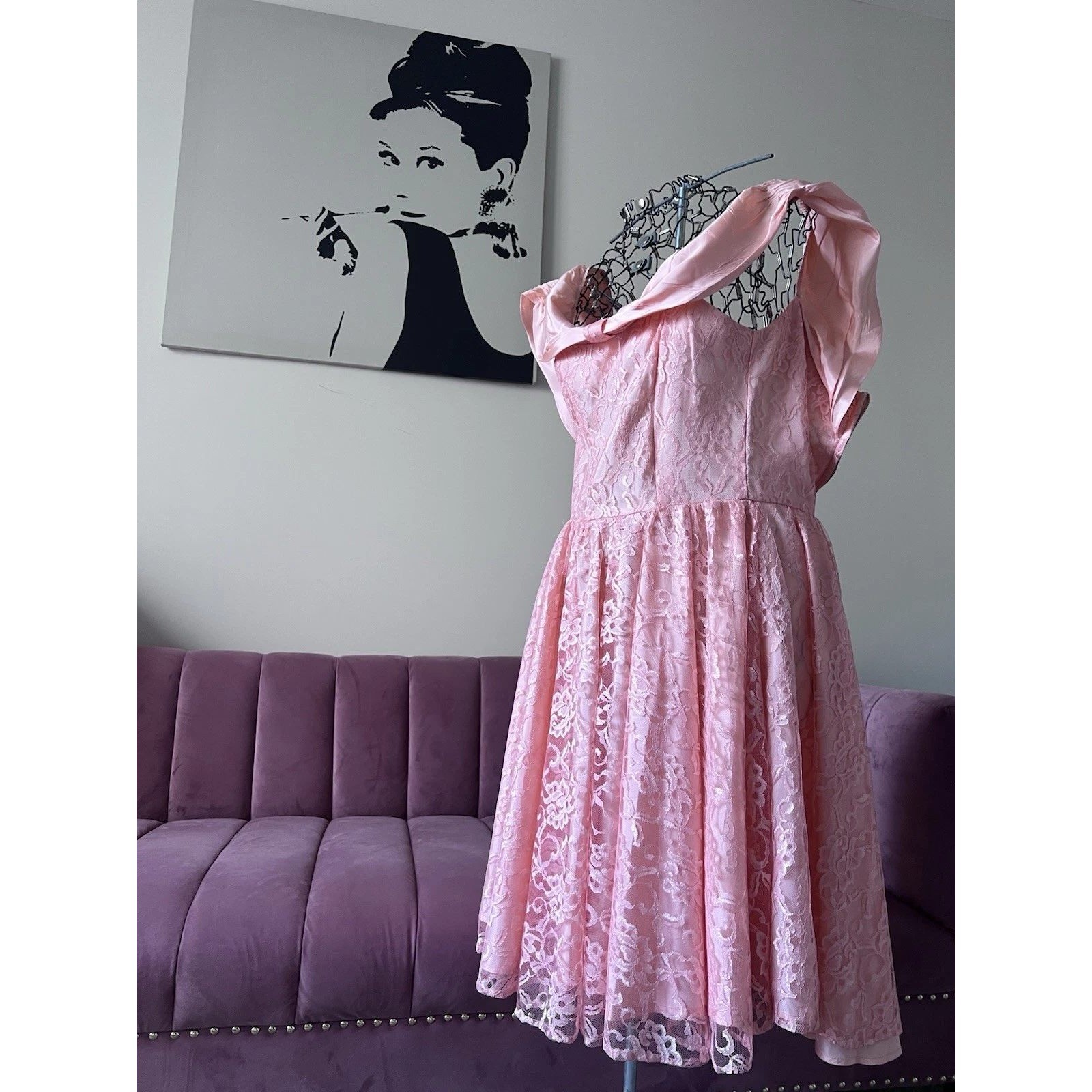 Vintage Francais of California Pink Lace Off Shoulder Fit Flare Dress Medium