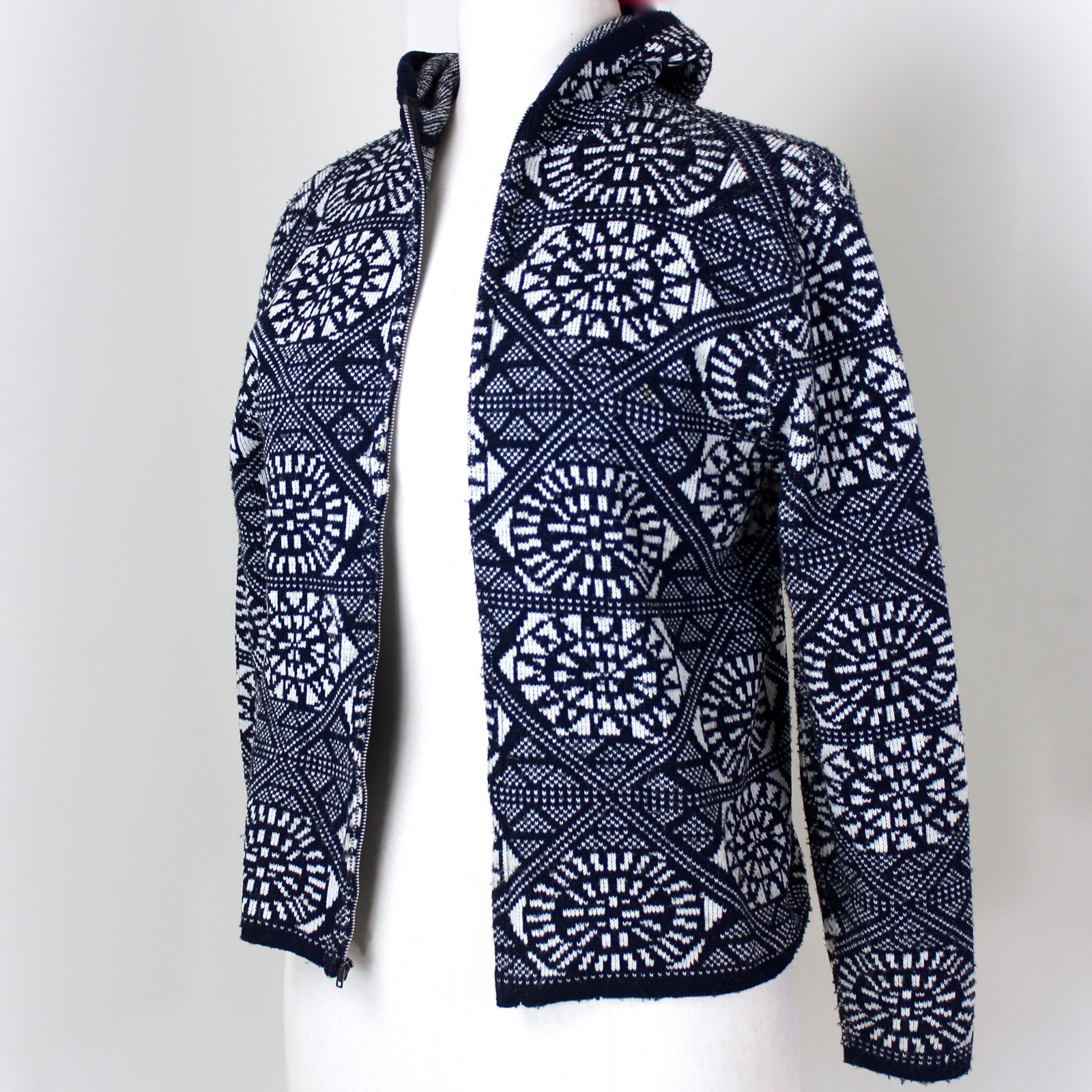 1960s Jane Irwill Hoodie Zipper Front Cardigan Sweater S Blue White Patterned