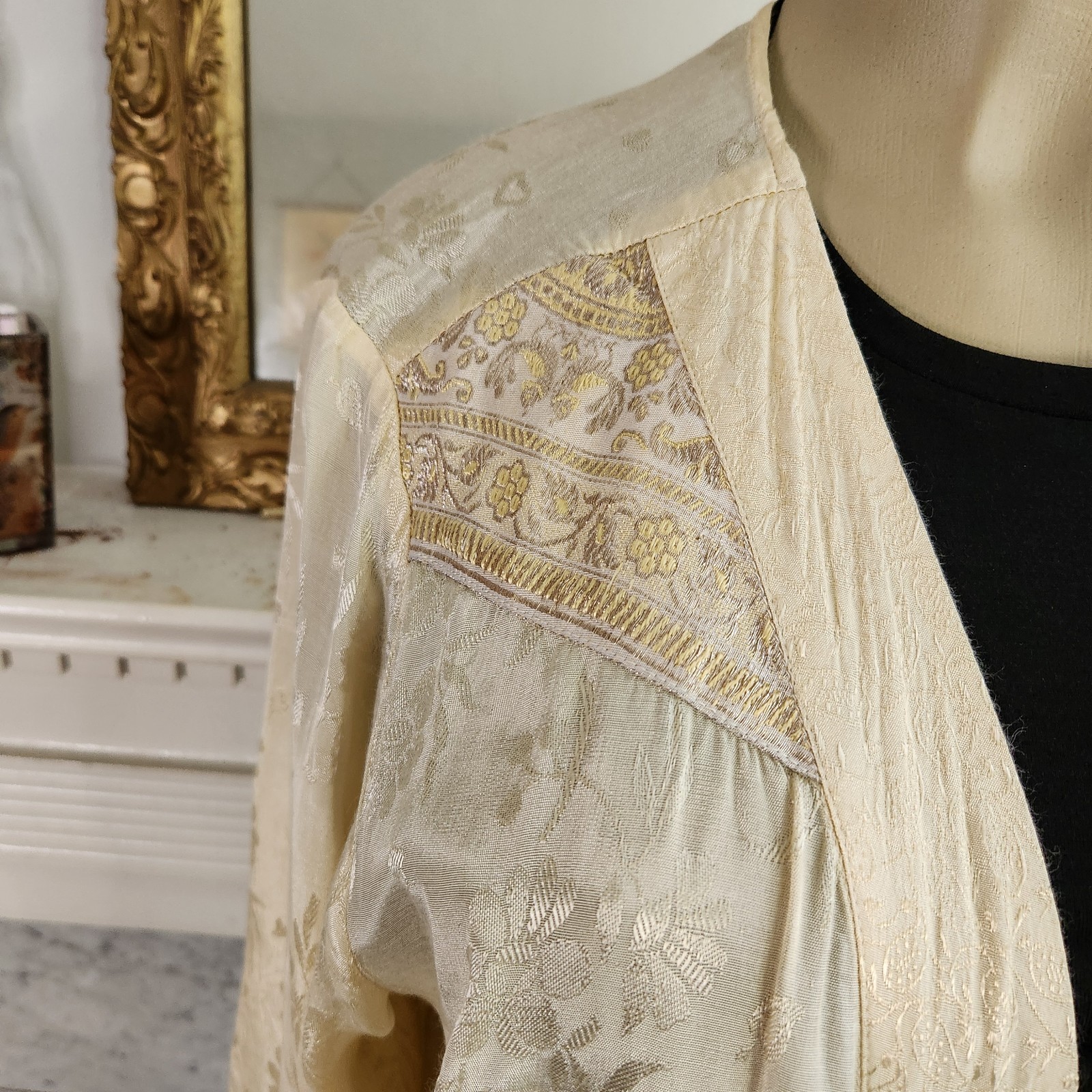 Vtg 80s Beige Patchwork Cardigan Sz 1X Jacket Jacquard Floral Boho Hippy Lace