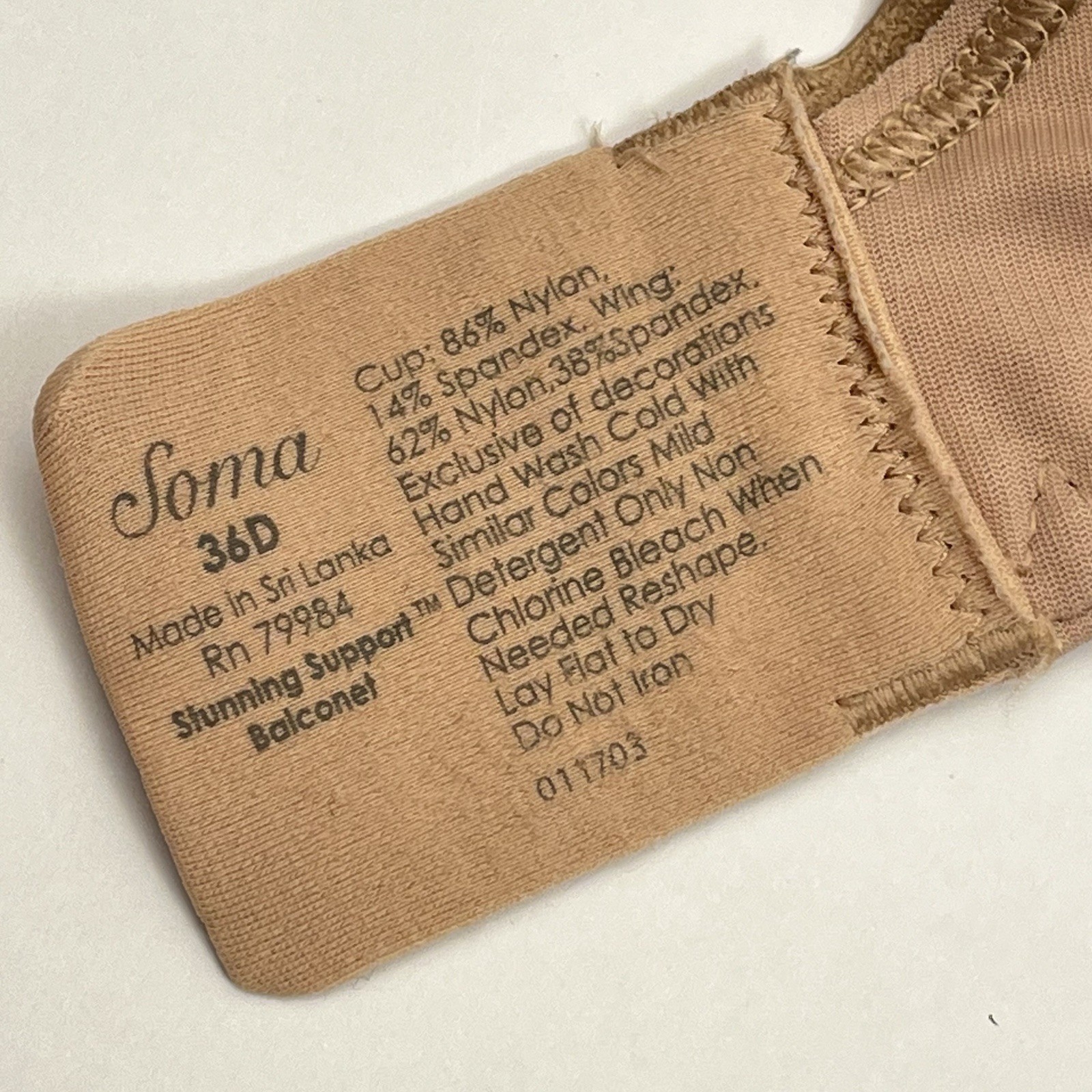 SOMA Beige Underwire Bra w/Lace Overlay Size 36D