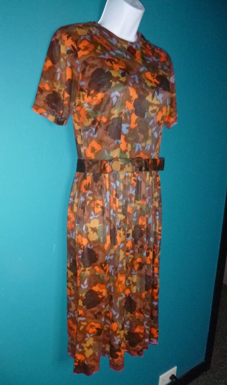 Vtg 60s Nylon Stretch Fabric Dress Multi Color Brown Orange Floral Sz S/M