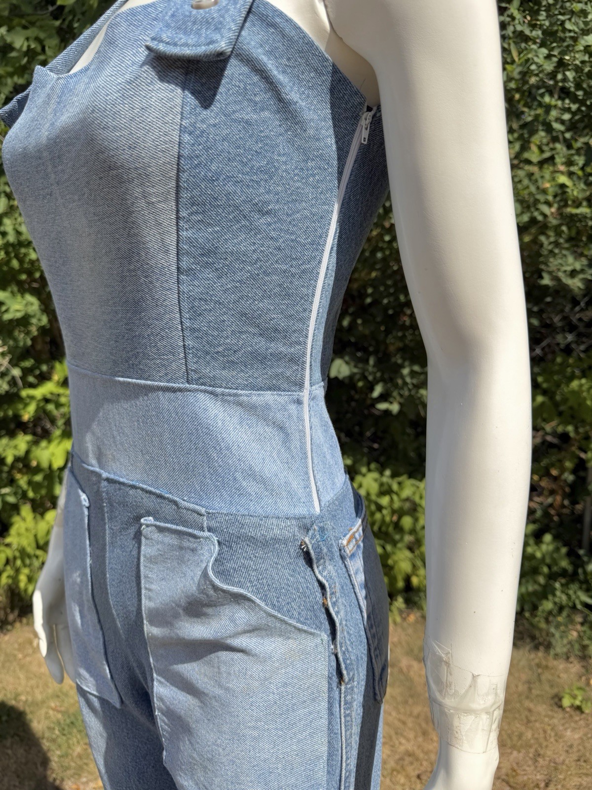 Vintage DENIM JUMPSUIT Patchwork 1980s 90s does 1940s Bib Overalls Distressed XS