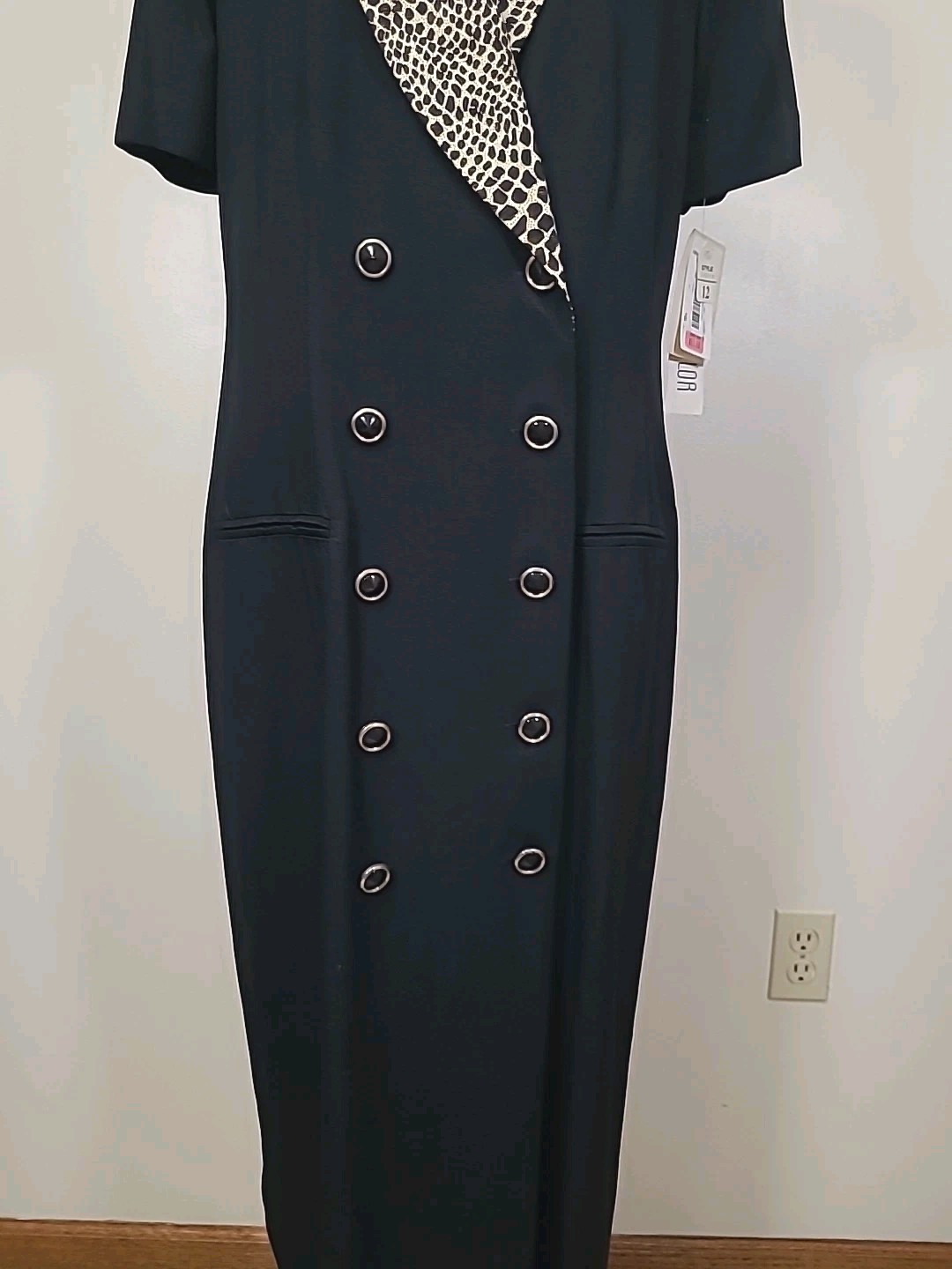 Vtg Julian Taylor Dress 12 Black Animal Print Double Breasted Long NOS 90s