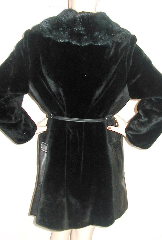Vintage 1960s BLACK FAUX FUR COAT w/ Faux Leather Trim 40B TWIST LOCK Closures