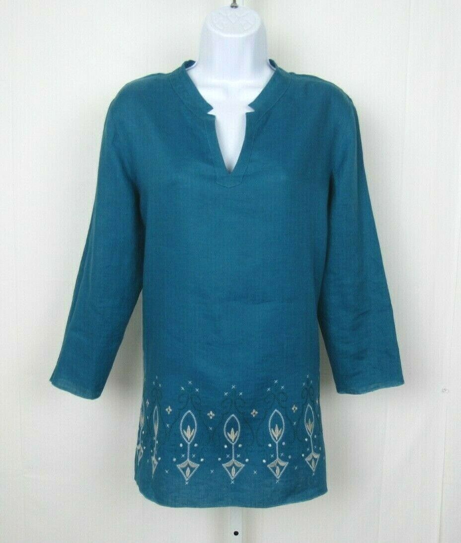 VTG 1980s DANA BUCHMAN TEAL EMBROIDERED LINEN SMOCK TOP & ROPE BELT SIZE 8