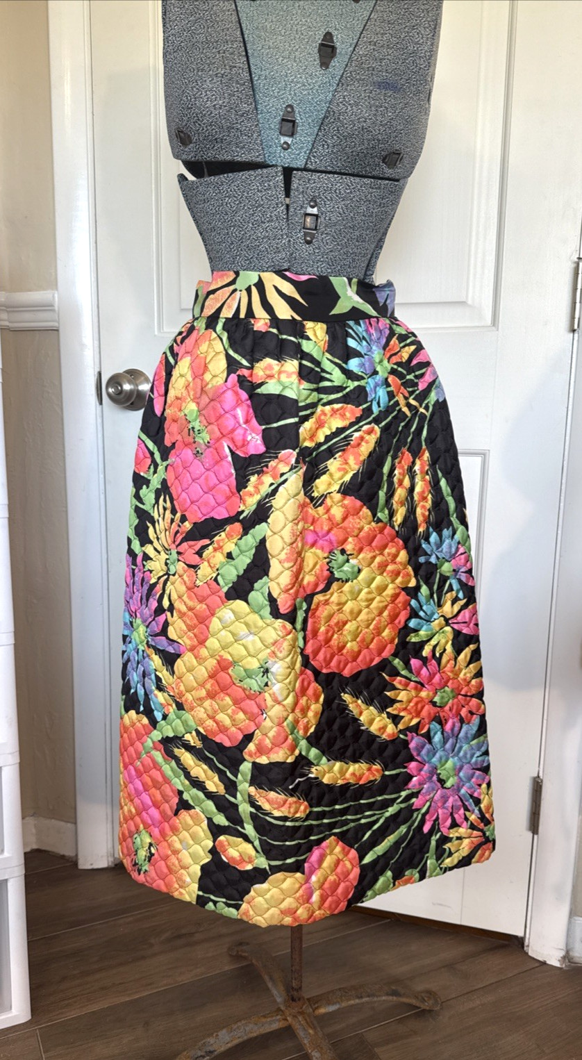 Vintage 1960s Womens Long Quilted Skirt Neon Flower Power Bonwit Teller XXS XS