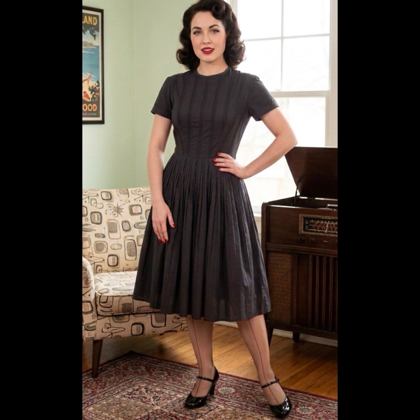 Vintage L’aiglon 1950 MCM Fit Flare Cotton Twill Charcoal Gray Midi Dress M