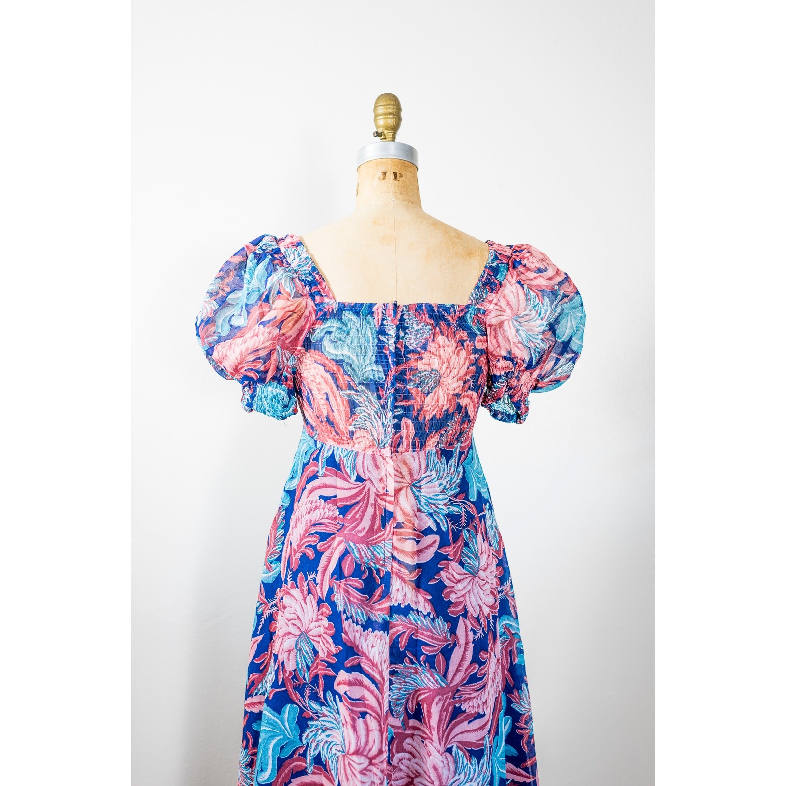 Vintage 70s Puff Sleeve Floral Maxi Dress Pink Blush Blue, Sheer Muslin Gauze XS