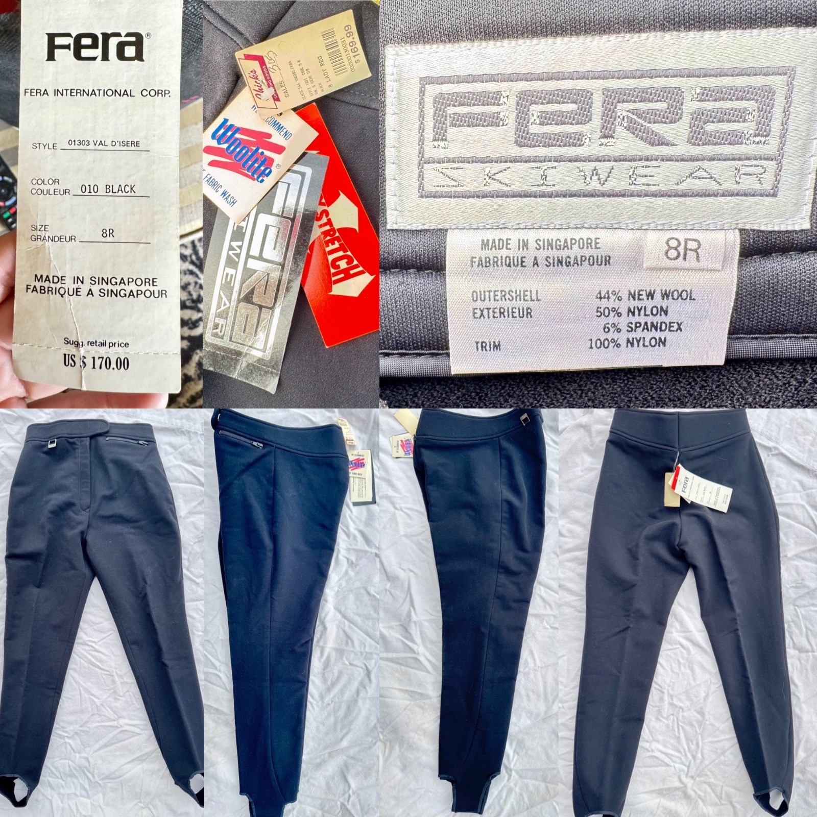NEW WITH TAGS True Vintage FERA INT’L Blk Skiwear Stirrup Pant – Size 8 Reg
