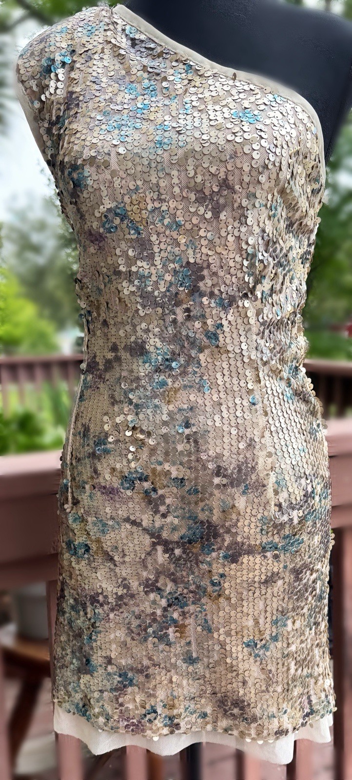 VTG NWOT Uli Herzner One Shoulder Matte Champagne Sequin Cocktail Dress Teal PUR