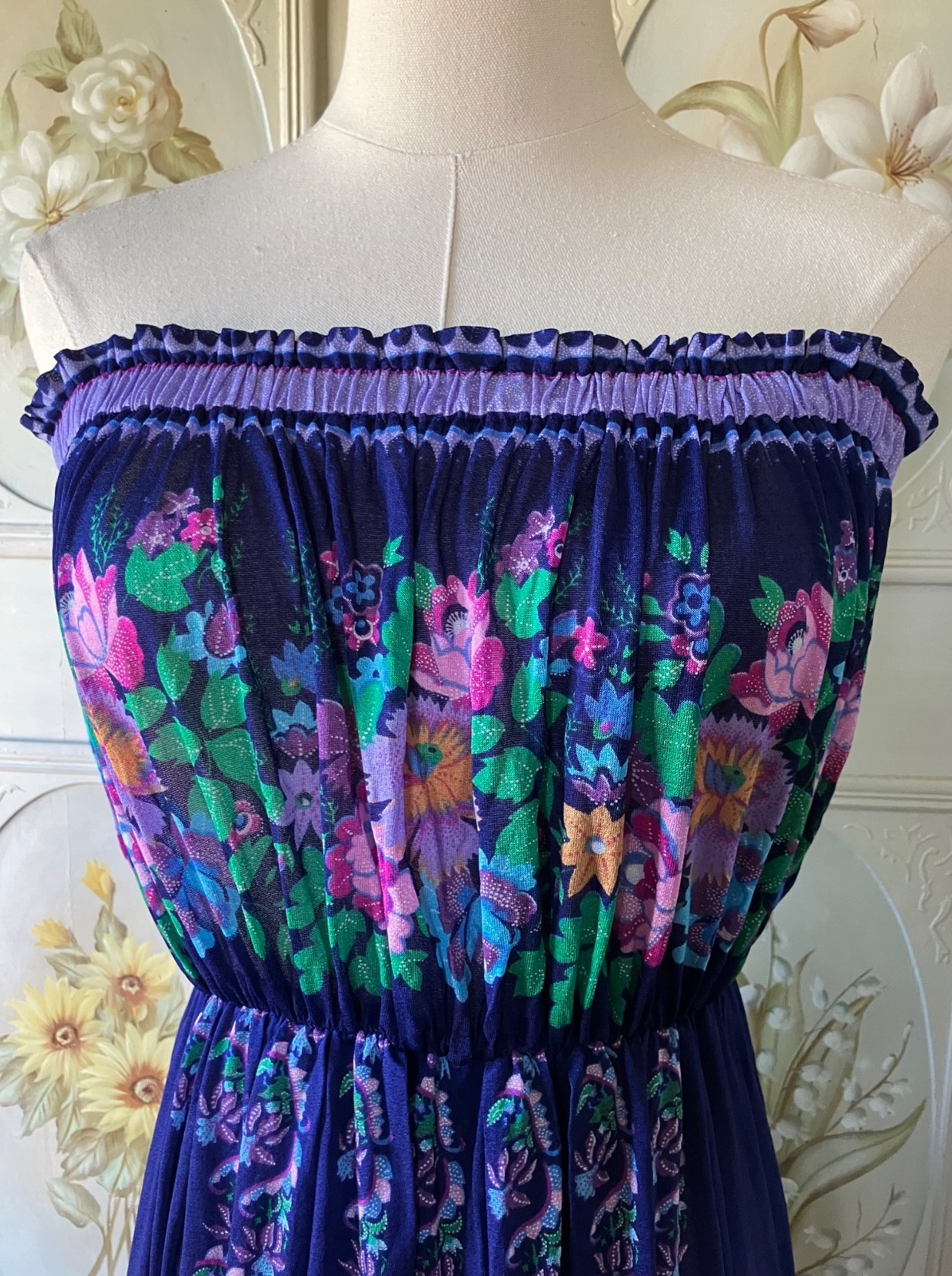 VTG 70s GOTTEX NEIMAN MARCUS DRESS SLEEVELESS TRIACETATE HAWAII PURPLE FLORAL M