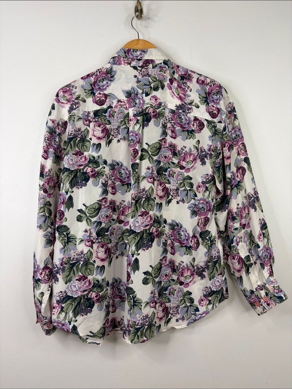 Vintage Silk Blouse Womens Large Gray Purple Green 90s Floral Long Sleeve Top