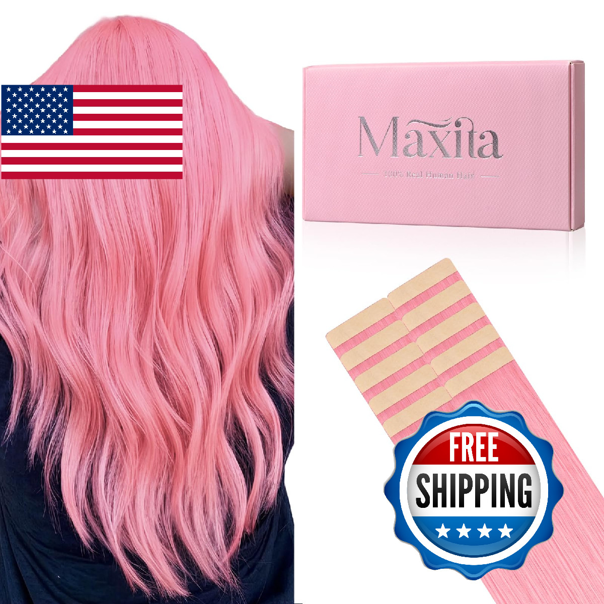 MAXITA Tape in Hair Extensions Human Hair Peach Pink 18 Inch 10pcs 25g Remy Silk