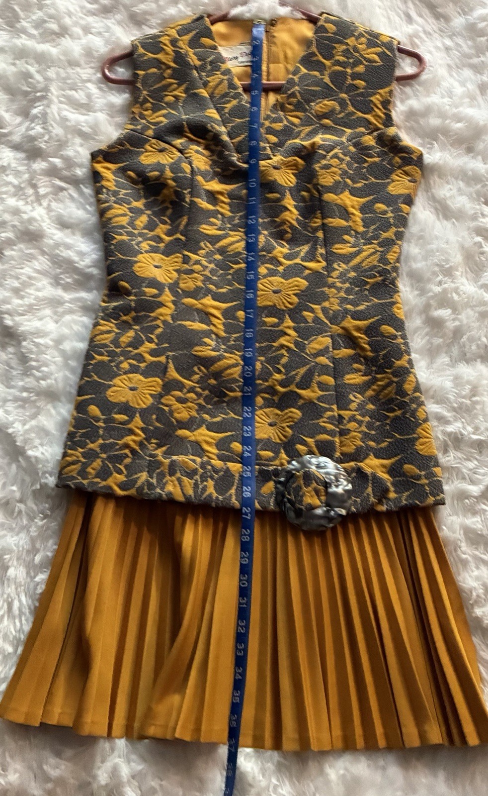 Vintage 1960s Mary Dobbs One-Piece Gold Brocade Dress Pleated Hem Lucite Buckle