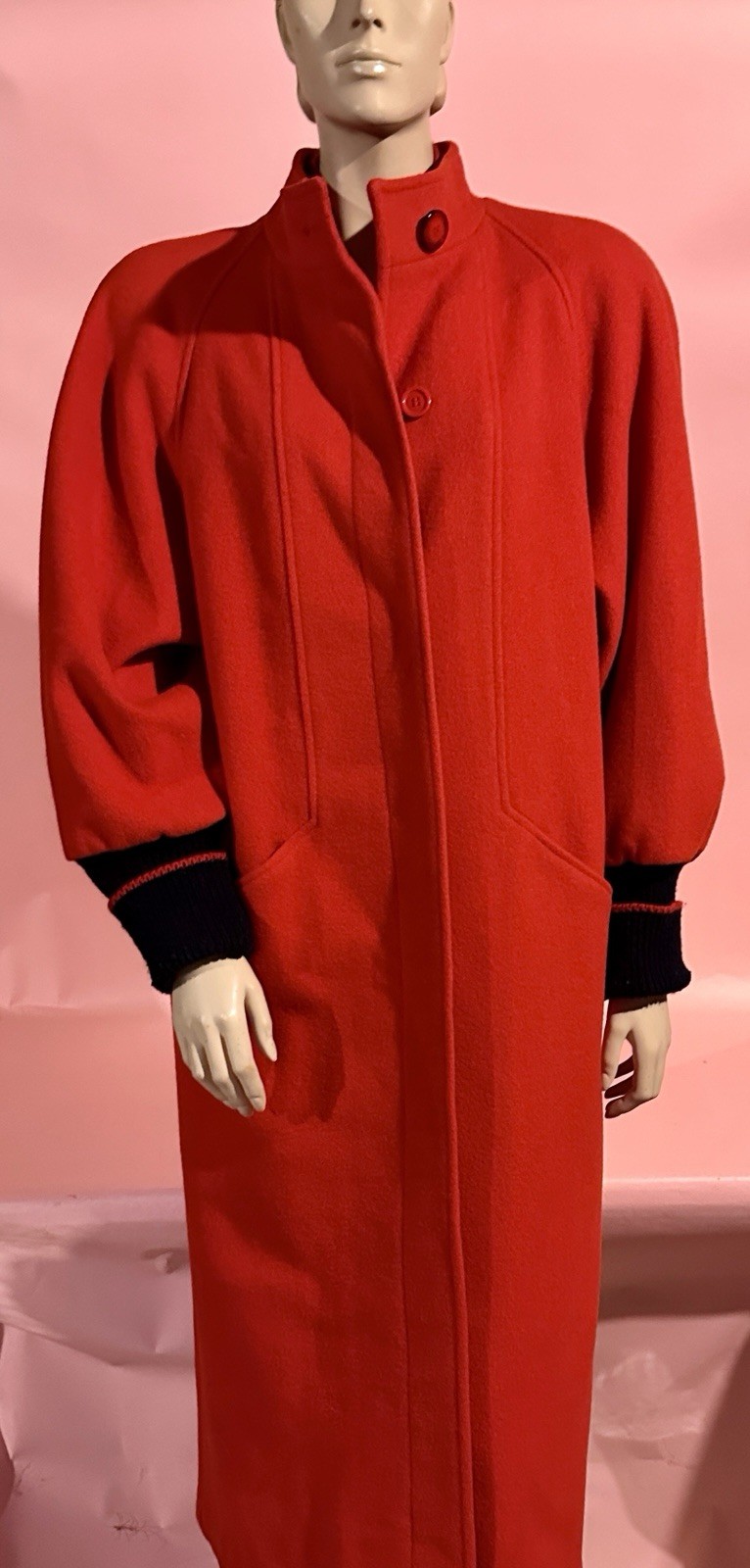 Vtg 80’s Women’s Red Wool Coat Michelle Stuart w/Knitted Collar & Cuffs M/L