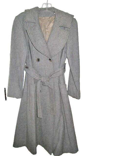VINTAGE 1970 GRAY WOOL PRINCESS STYLE HOODED BELTED FLARE COAT – SEARS FASHION
