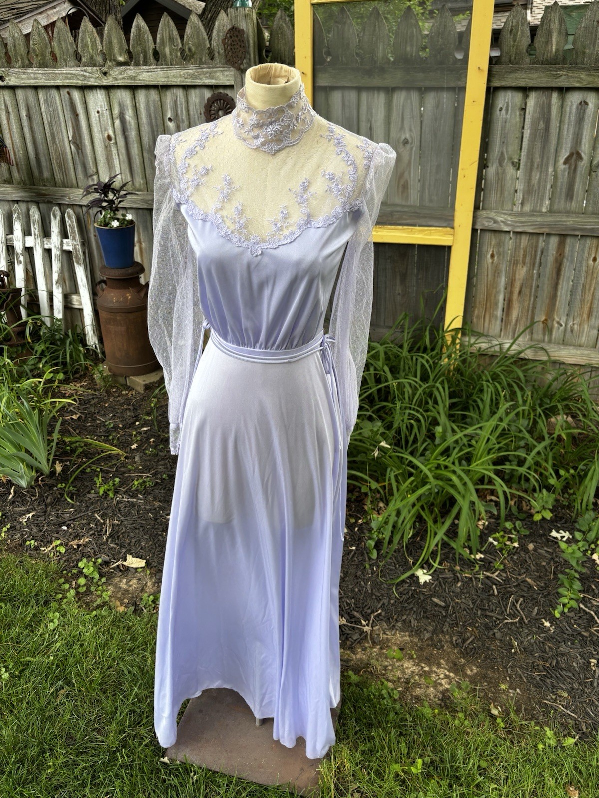 VTG 70s Dress Maxi Polyester Formal Bridesmaid Wedding Purple Sheer Eve Milady