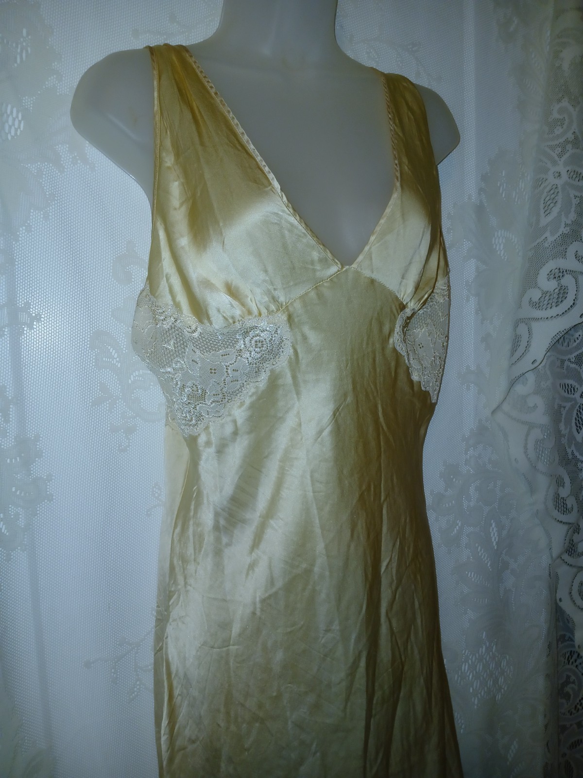 Vintage 50s Champagne Satin Rayon Lace Bias Cut Nightgown Slip Dress Lingerie L