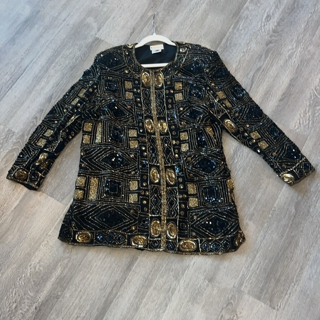 Vintage black and gold geometric beaded fancy silk formal evening jacket 1X