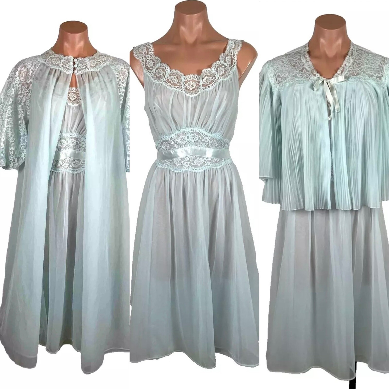 VTG PERMA PLEAT CHIFFON LACE 200″ SWEEP Peignoir ROBE Gown Cape 3pc Set RARE!!!