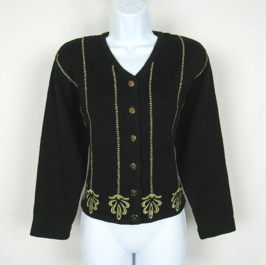 VTG 1980s LISE J. BLACK COTTON RAMIE MEDIUM GOLDEN EMBROIDERY GOLDEN BUTTONS