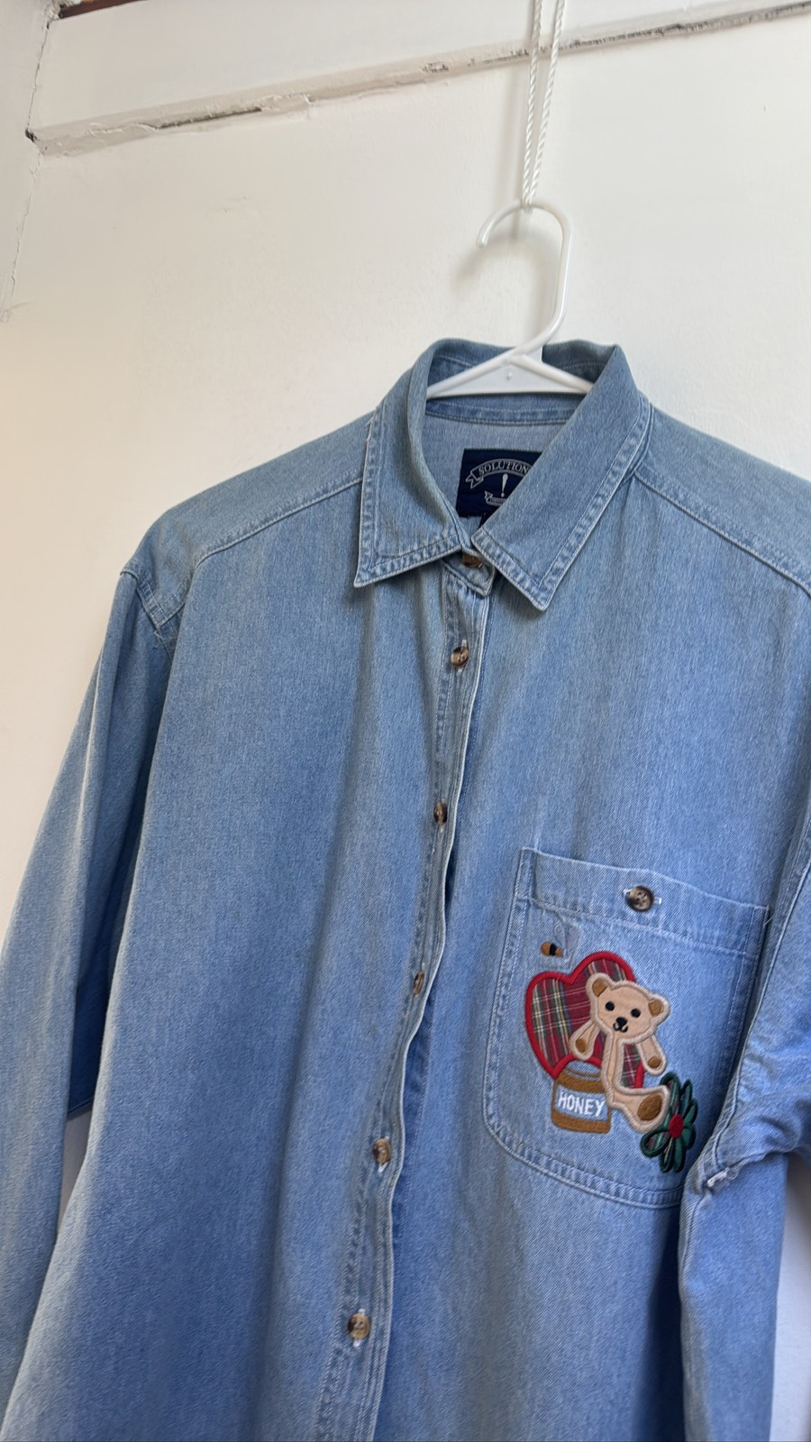 Solution Denim Shirt Teddy Bear Honey Plaid Heart Embroidered Button Up