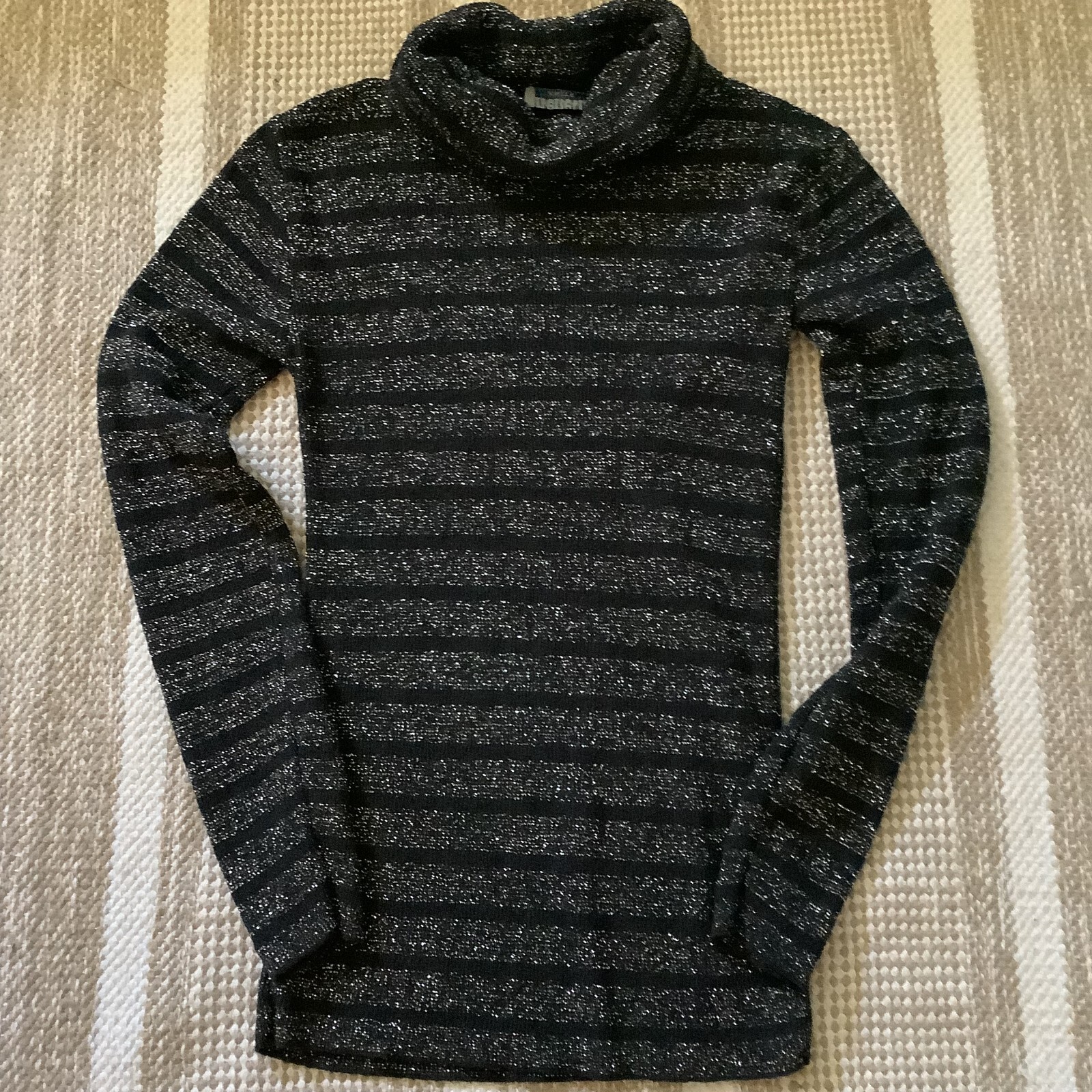 Kenneth Knits thin metallic sliver black turtleneck women’s sweater size S/M
