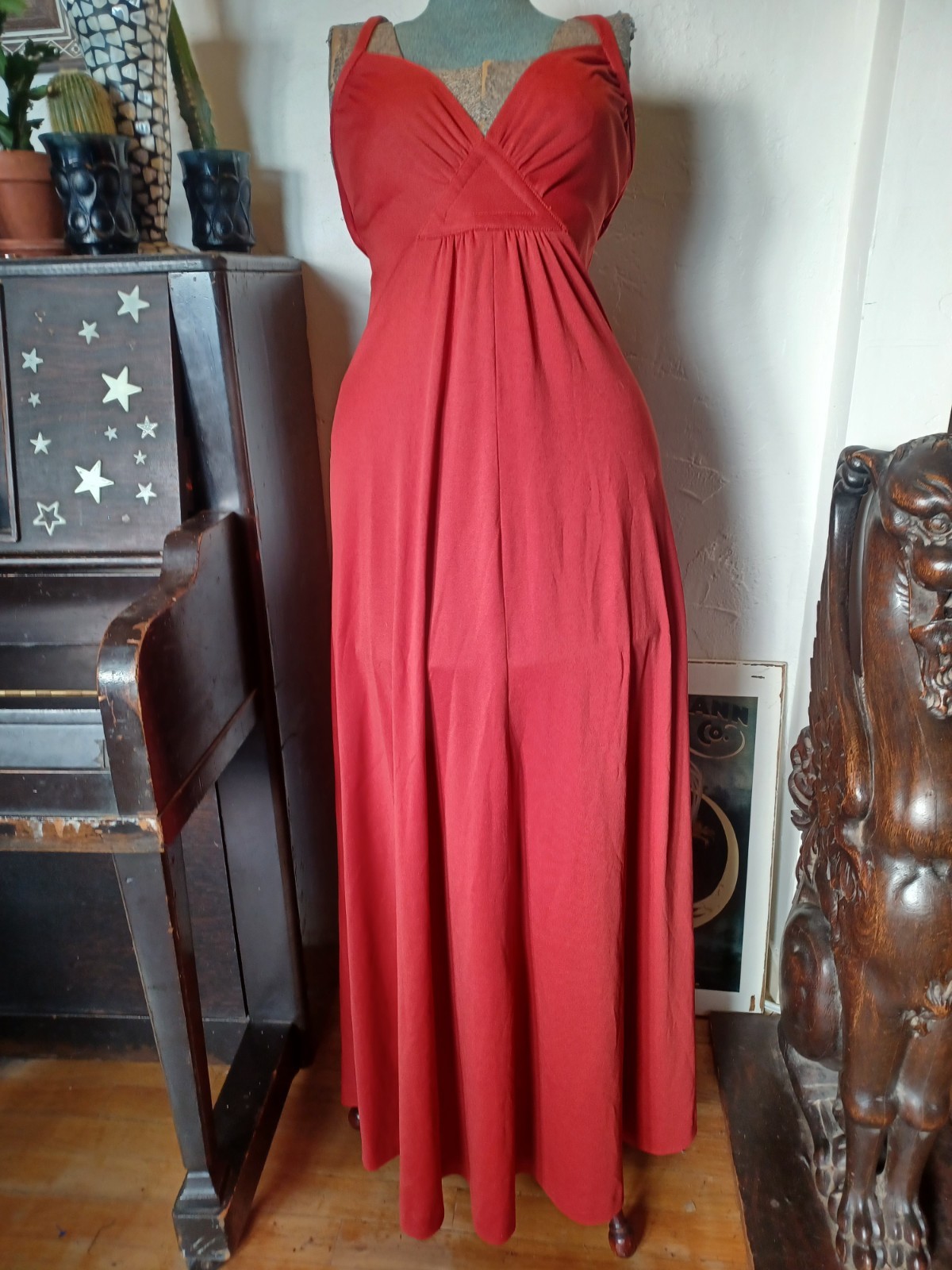Vintage 1970s Orange-Red Strappy Disco Maxi-dress