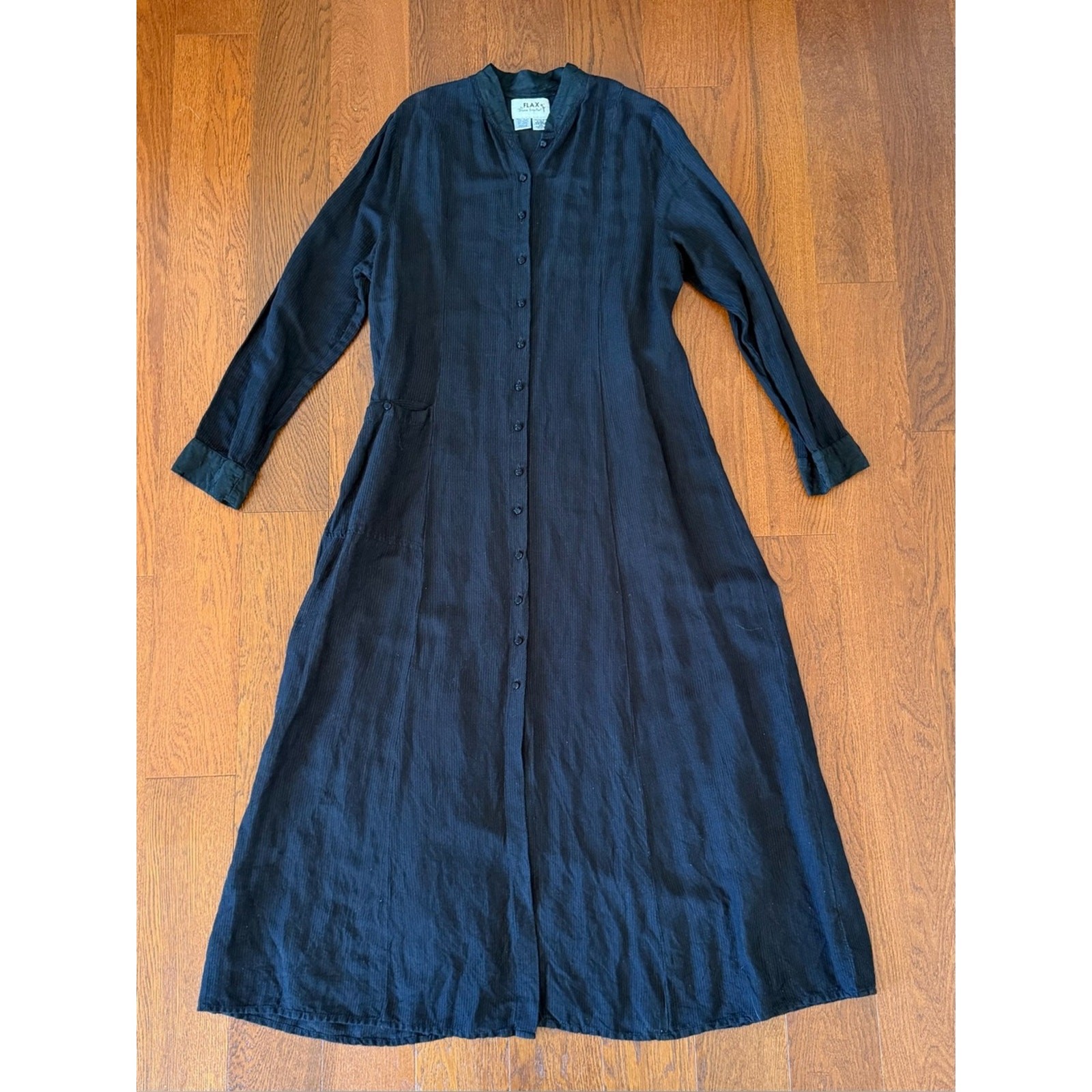 Vintage FLAX by Jeanne Engelhart Black Linen Button-Down Maxi Dress size M
