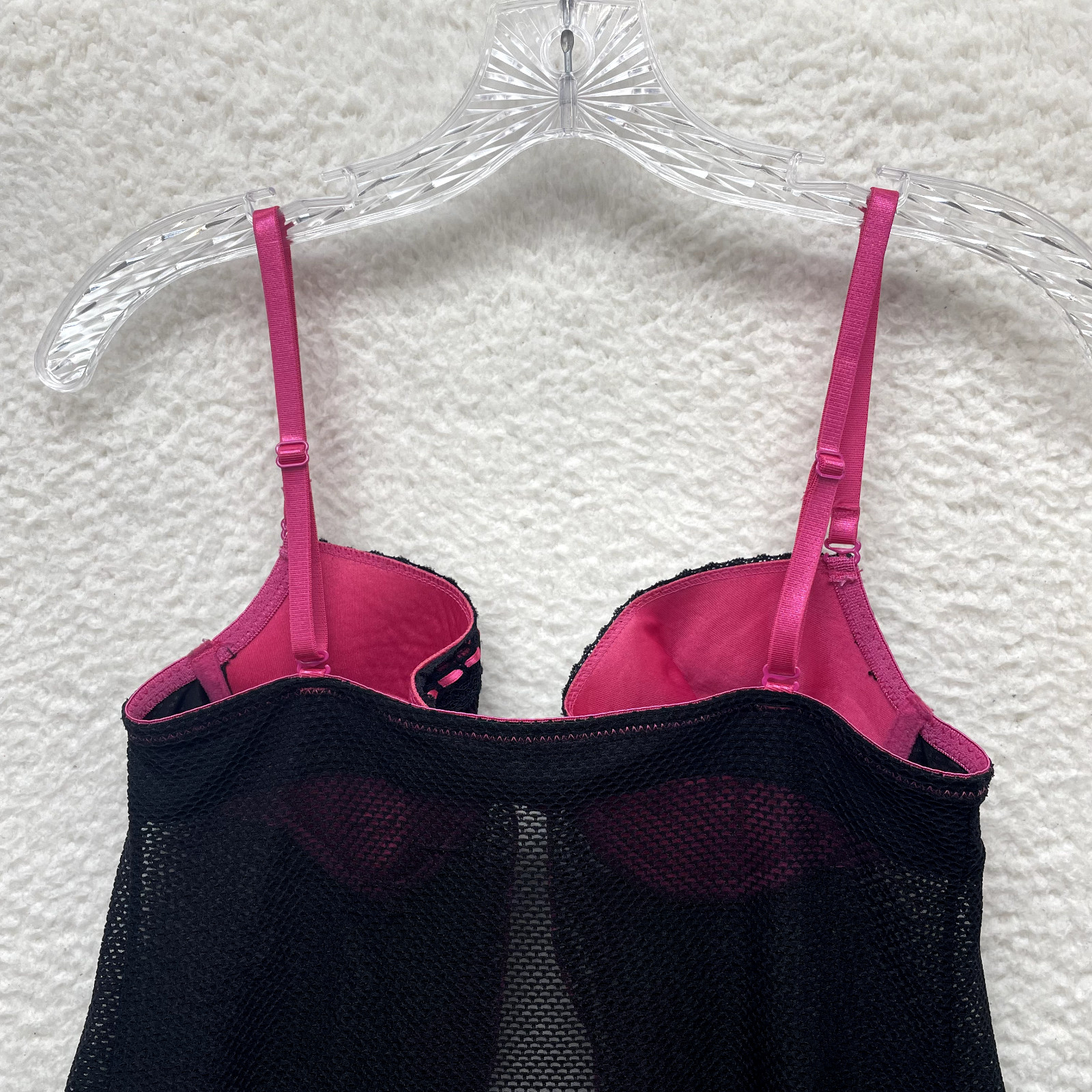 Y2K Vintage Hot Kiss Babydoll Slip Dress 34C Black Pink Net Mesh Front Clasp
