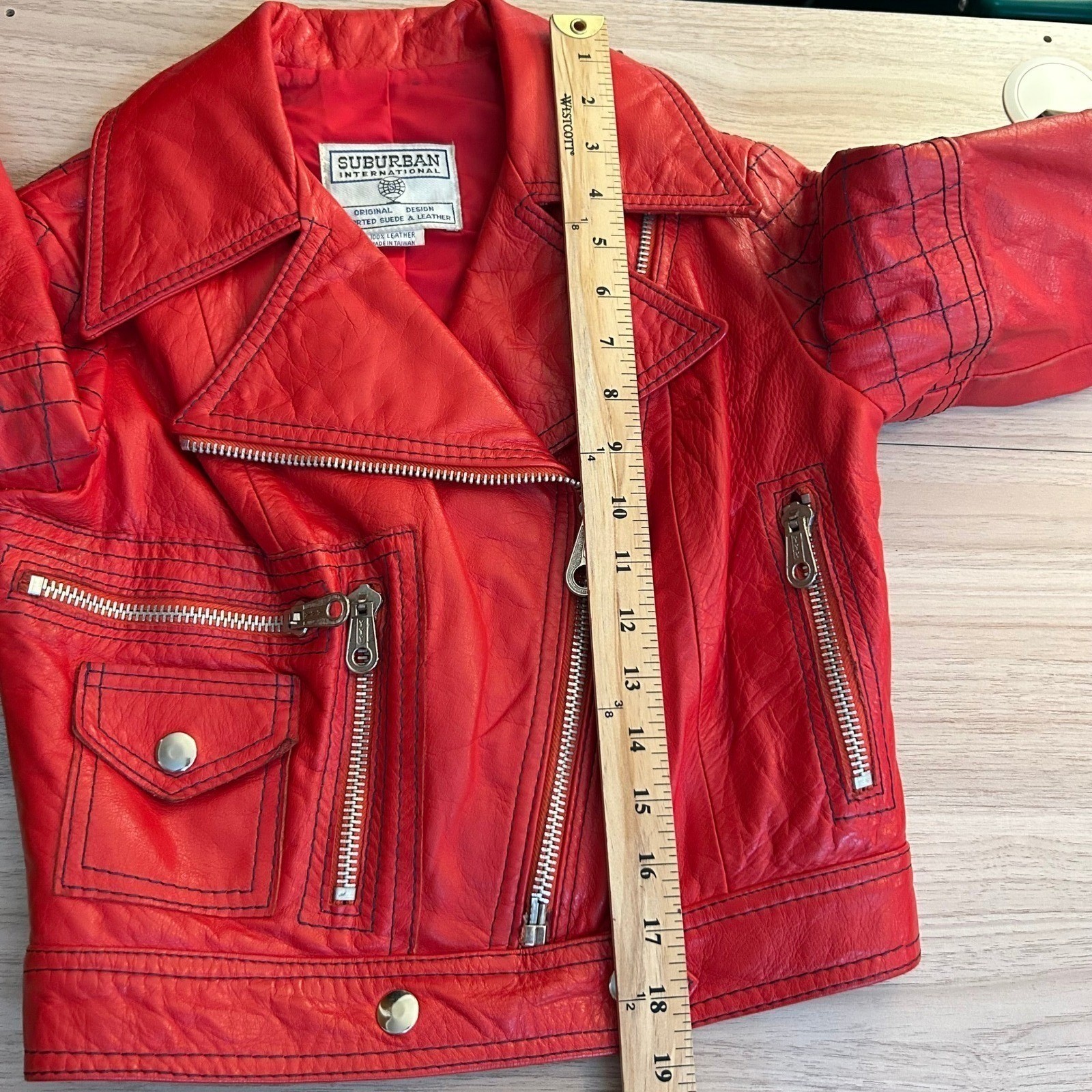 Suburban International Vintage Quilted Moto Leather Jacket Red Small Good