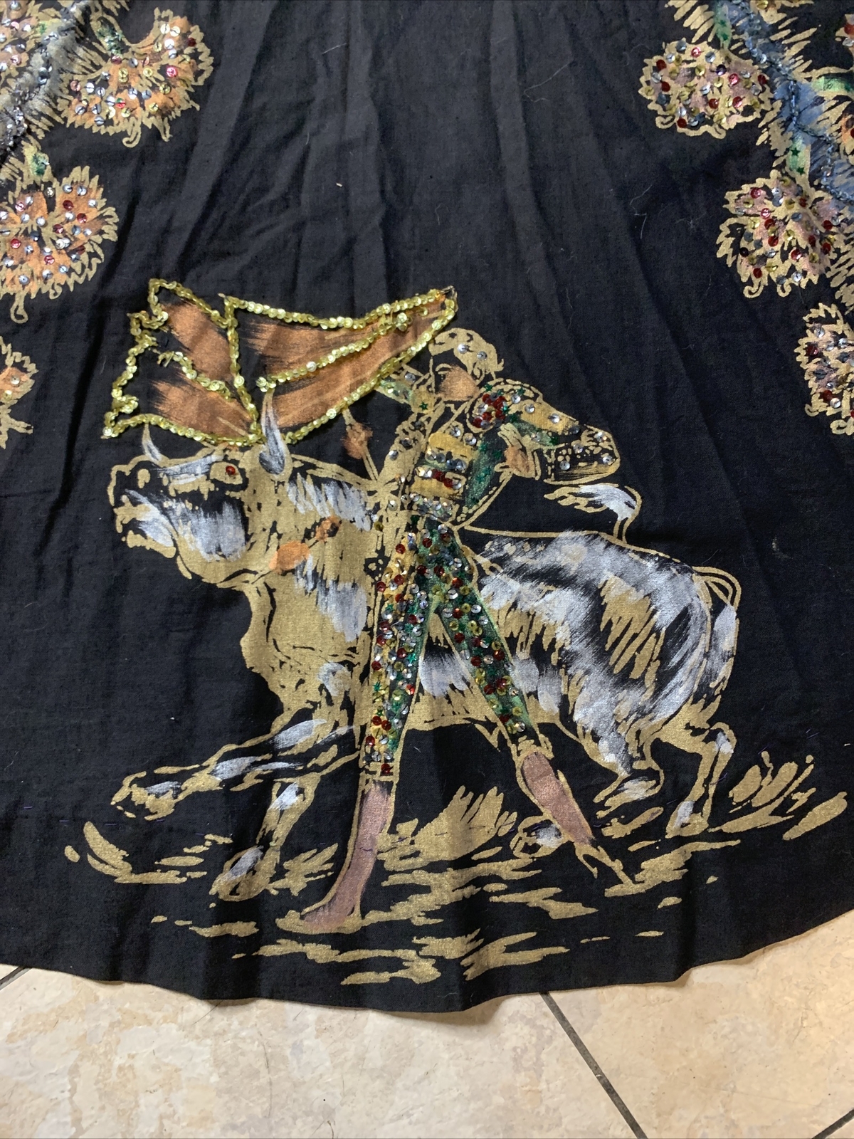 Vintage 1950’s Mexican circle skirt hand painted sequins Lavable Tel-Art Matador