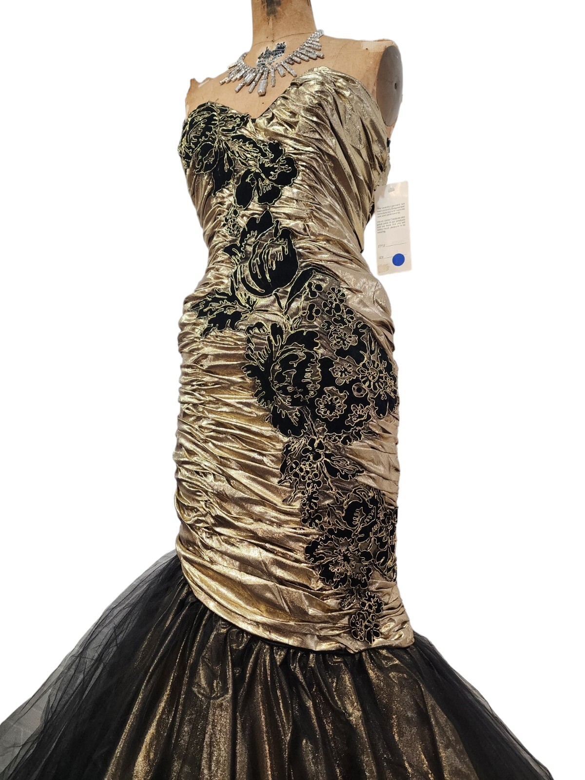 Vtg 80s Prom Dress XS/S Mermaid Gold Lame Metallic Ruched Pageant Gown New