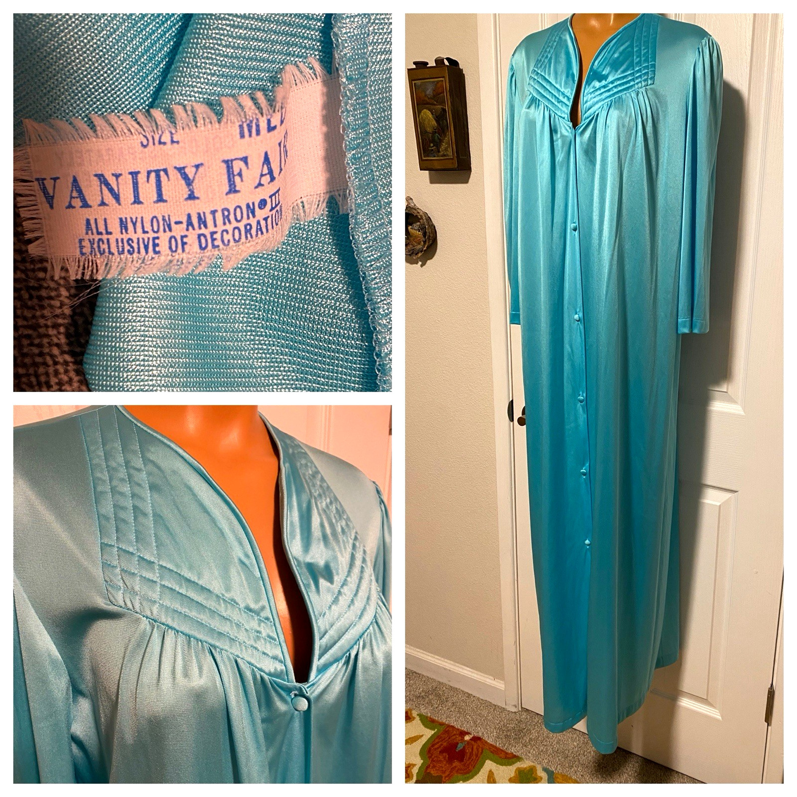 VTG 60’s VANITY FAIR TURQUOISE BLUE W/ QUILTED YOKE BUTTON DOWN LONG ROBE SZ M
