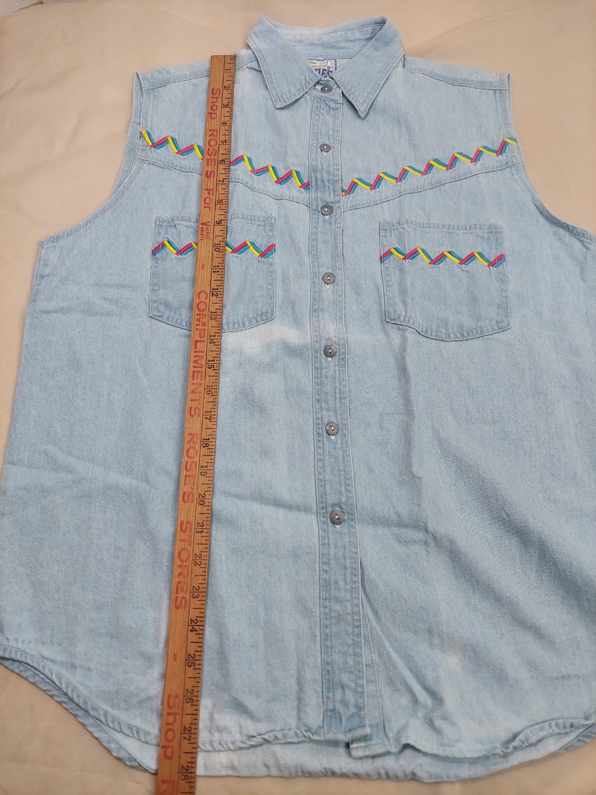 Vintage Denim Shirt L Sleeveless Western Zig Zag Boho Cowgirl 90s 100% Cotton