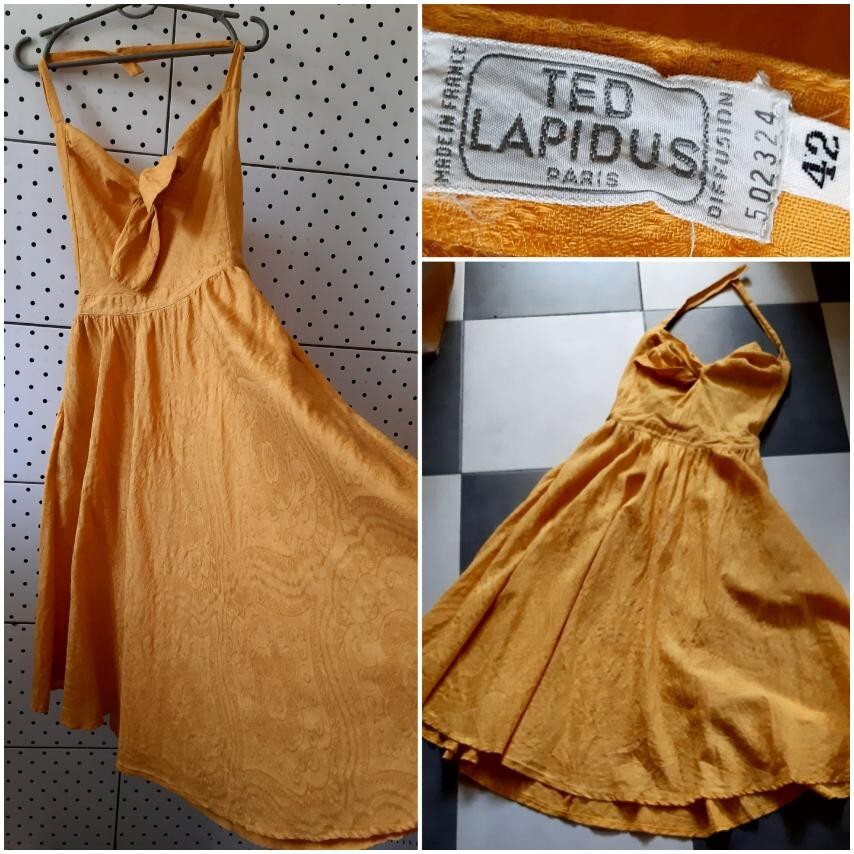 Vintage 70s TED LAPIDUS Yellow Pinafore Dress Marilyn Monroe Style Cotton Siz 42