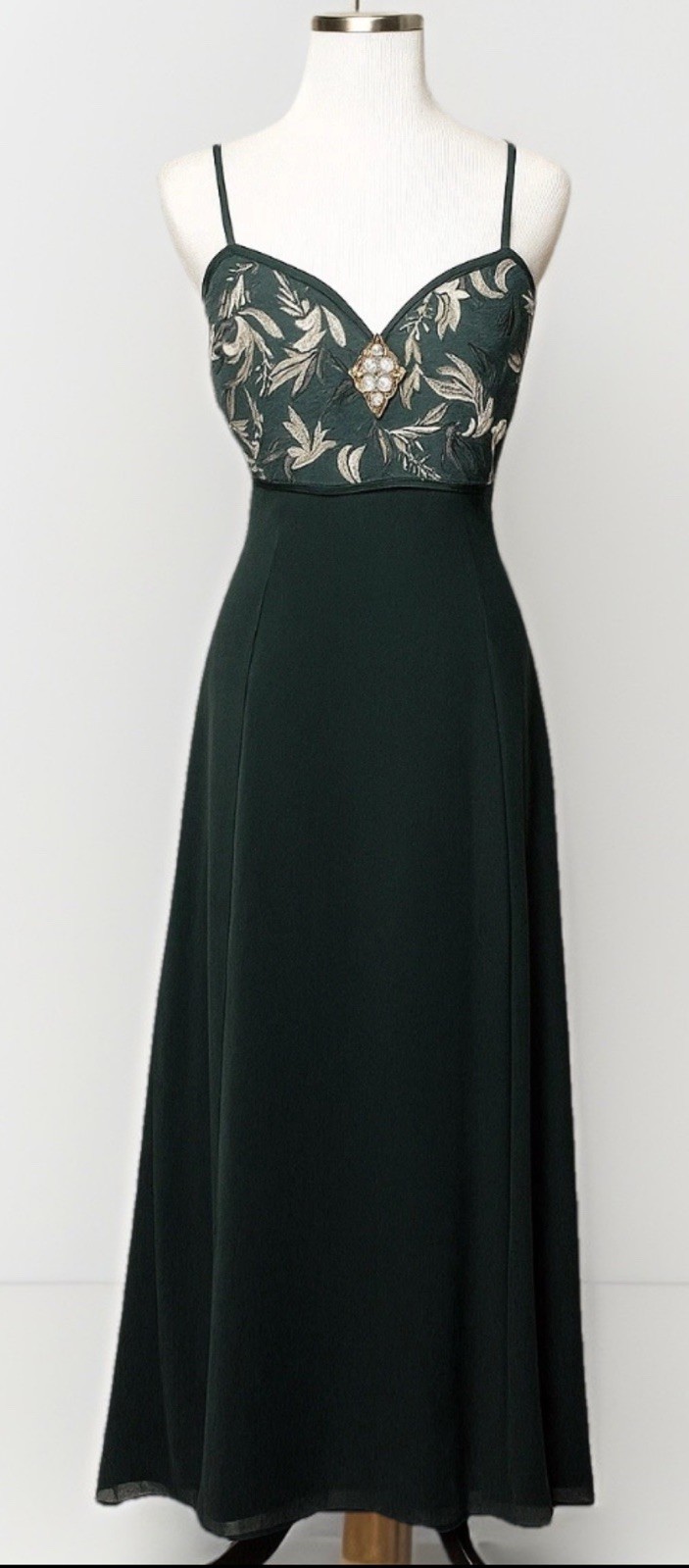 Vtg 90s Formal Gown M Embroidery Bodice Rhinestone Brooch Emerald Green Occasion