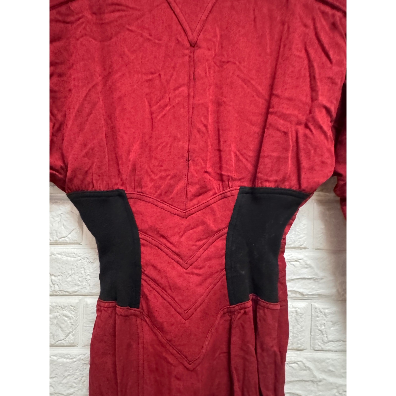 Vintage IIF Red Rayon Button Front Mock Neck Power Shoulder Midi Dress Size 4