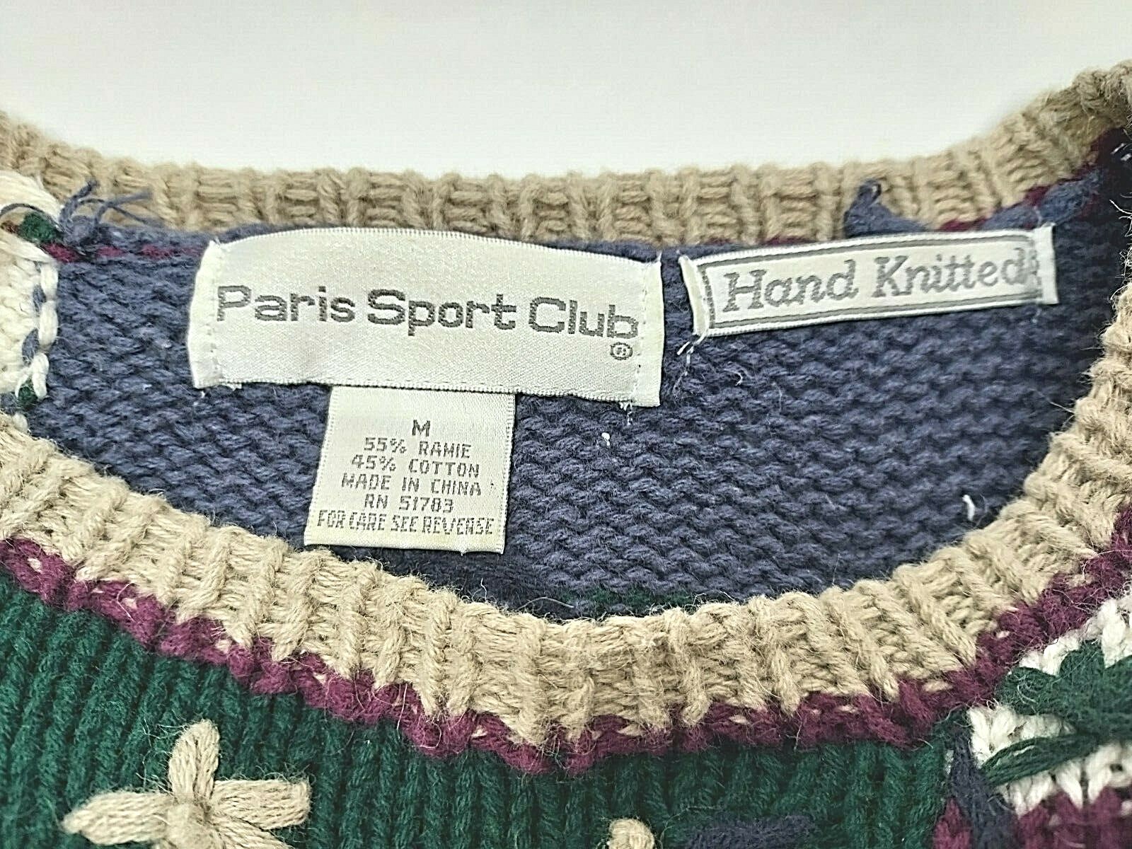 Vtg Paris Sports Club Womens Sz Medium Sweater Hand Knitted Pullover Long Sleeve