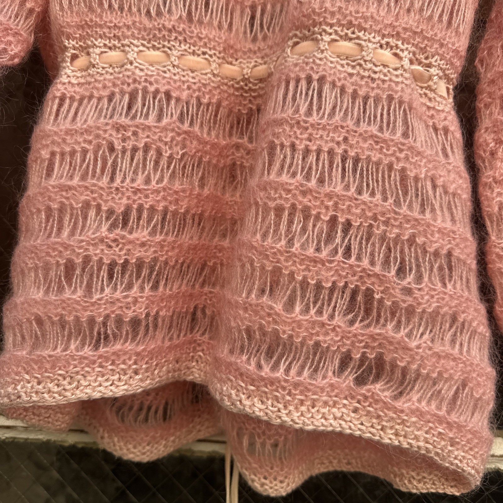 Vintage 1930s Pink Mohair Knit Wool Sweater Cardigan Balloon Sleeves Dress Top